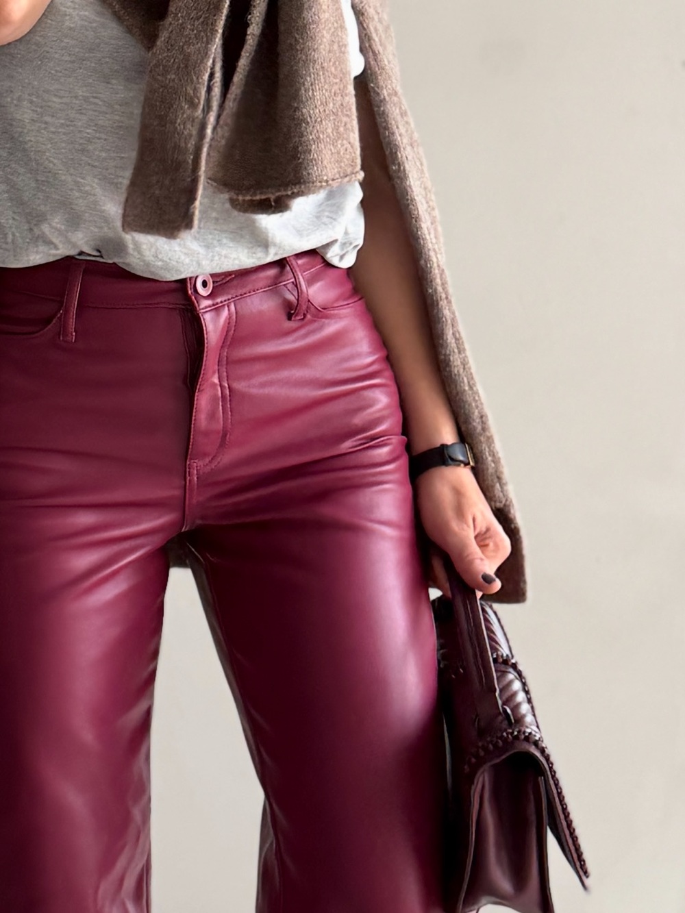 High-Waist Faux Leather Straight-Leg Jeans - Burgundy
